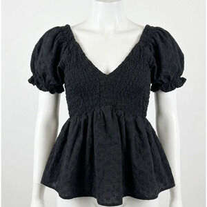 Angie Blouse Size S Black Tunic Puff Sleeve VNeck 100% Cotton Boho Dark Coquette